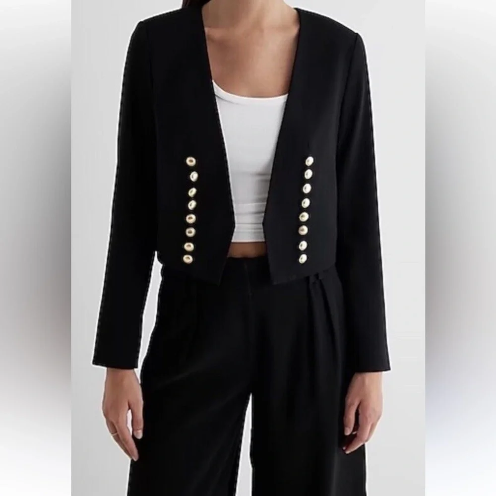 Express Women’s Cropped Open Novelty Black Blazer With Gold Buttons Size L NWT